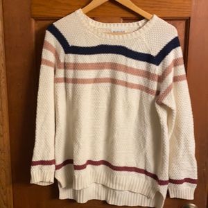 White with Blue and pink striped sweater